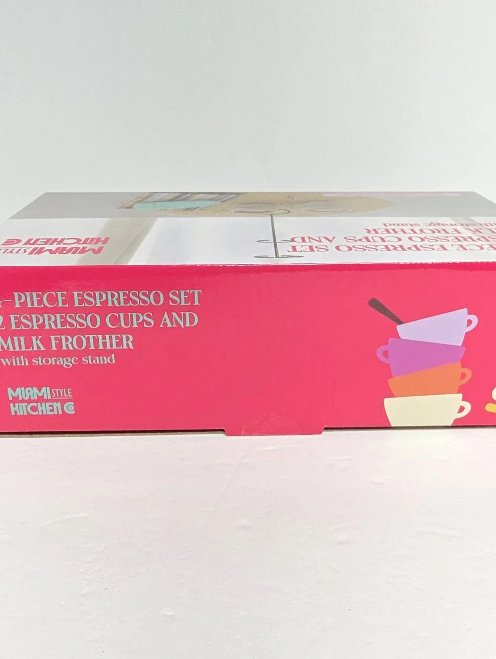 NIB Miami Style Kitchen 4-PC Espresso Set And Milk Frother With Storage Stand